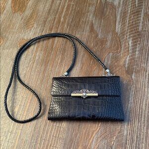 BRIGHTON croc leather crossbody snap front wallet black
